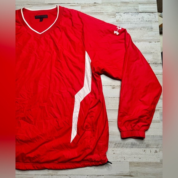 Under Armour Red White VNeck Lined Poly Windbreaker Pullover Drawstring Men 2XL - Picture 2 of 10